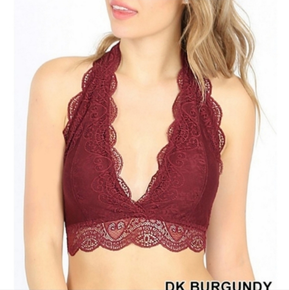 Zenana Outfitters Scalloped Lace Halter Neck Padded Bra - Dk Burgundy